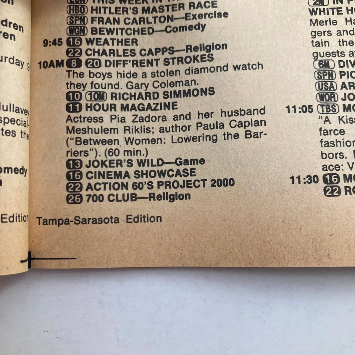 Interior page of TV Guide Magazine May 15, 1982 displaying local program listings, including shows like 'Different Strokes' and 'Hour Magazine', from the Tampa-Sarasota edition.