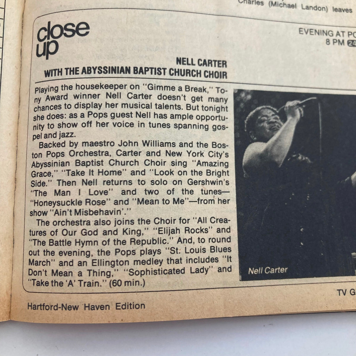 Close-up article in TV Guide Magazine August 28 1982 featuring Nell Carter with the Abyssinian Baptist Church Choir, highlighting her musical talents and performance details.