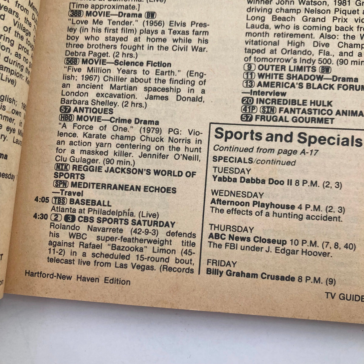 Inside page of TV Guide Magazine May 29, 1982, showcasing local program listings and show descriptions, part of the Hartford-New Haven Edition.