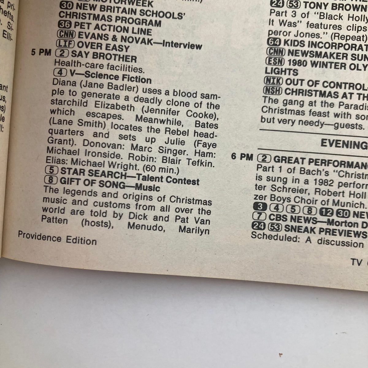 TV Guide Magazine December 22 1984 featuring programming details, showcasing listings for popular shows and events including 'Star Search' and 'Great Performances', in a visually appealing layout from the Providence Edition.