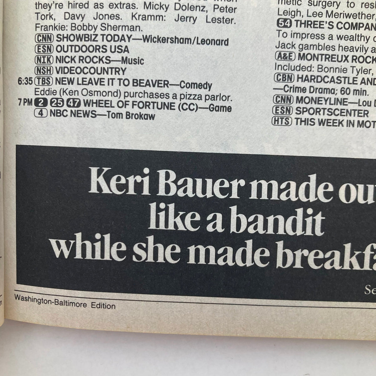 Inside page of TV Guide Magazine July 11 1987, showcasing TV listings and a feature on Keri Bauer with the title 'Keri Bauer made our day like a bandit while she made breakfast.'