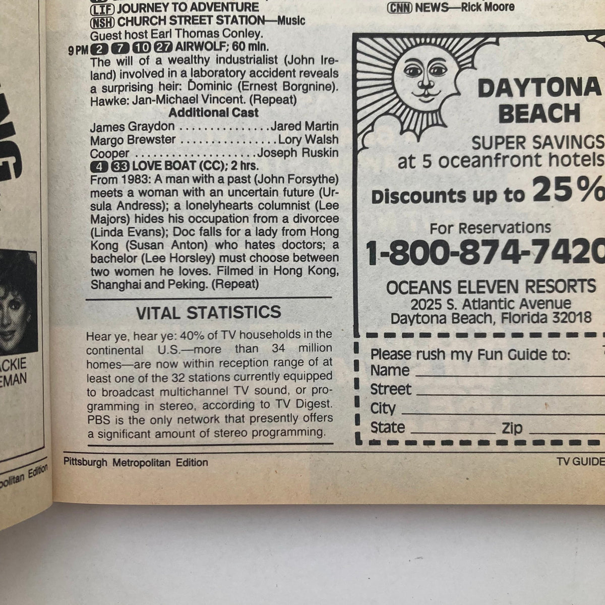 Inside page of the TV Guide Magazine from May 18, 1985, detailing TV programming and statistics, part of the Pittsburgh Metro Edition.