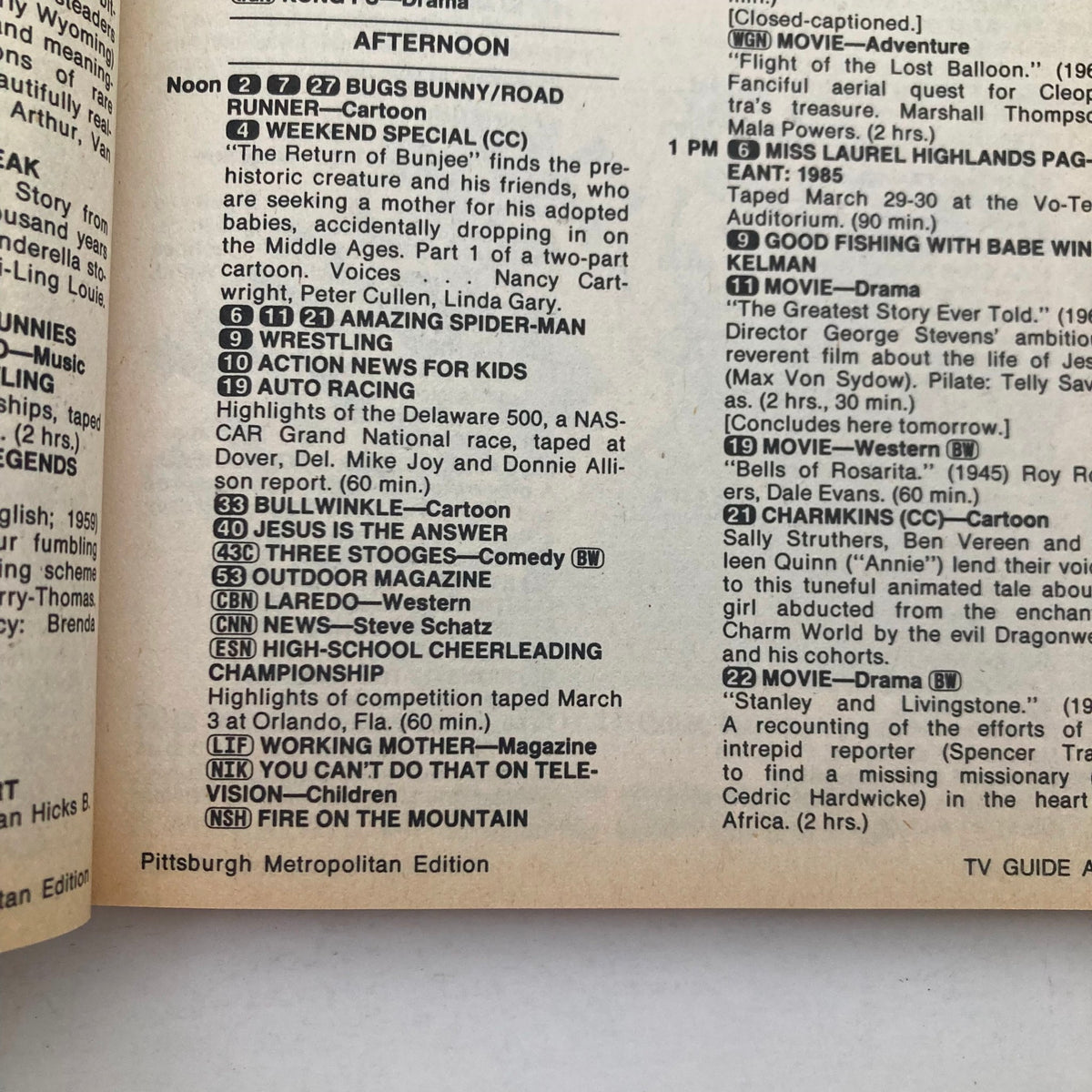 Inside page of the TV Guide Magazine dated April 6, 1985, displaying the afternoon programming schedule for the Pittsburgh Metro Edition.
