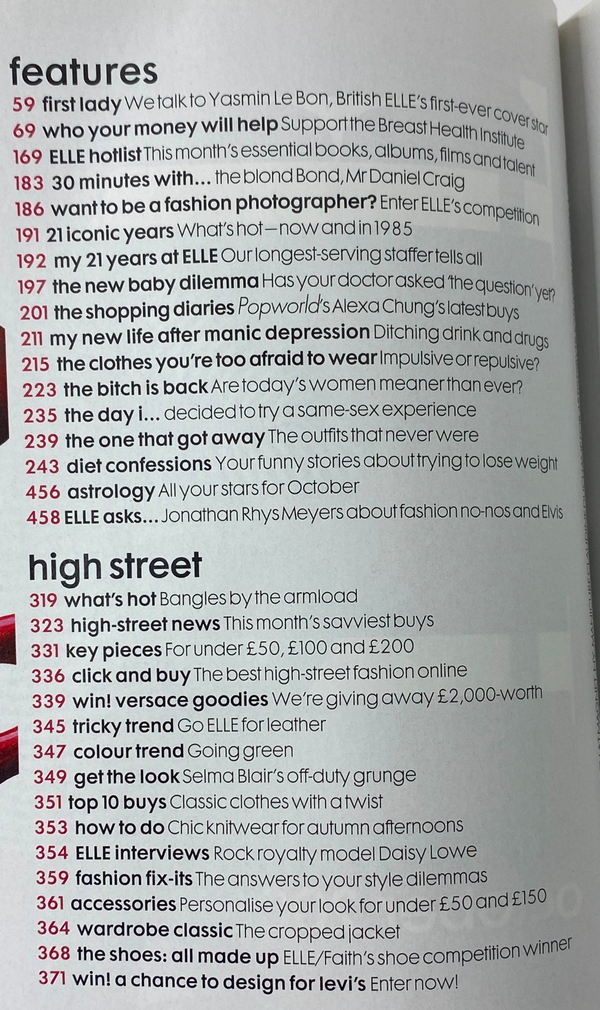 Table of contents page from Elle UK Magazine October 2006, detailing features including an exclusive interview with Drew Barrymore and articles on fashion and society.