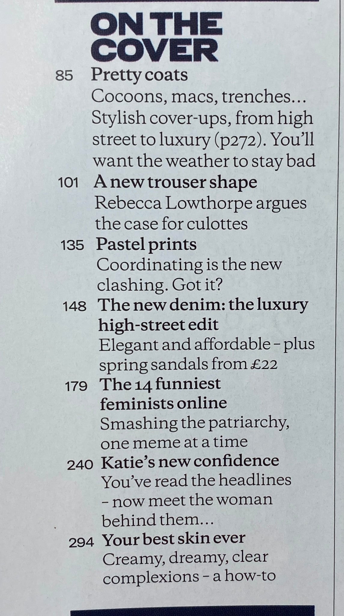 Page from Elle UK Magazine April 2014 detailing featured articles, including 'Pretty Coats', 'Pastel Prints', and 'Katie's New Confidence', emphasizing significant fashion insights.