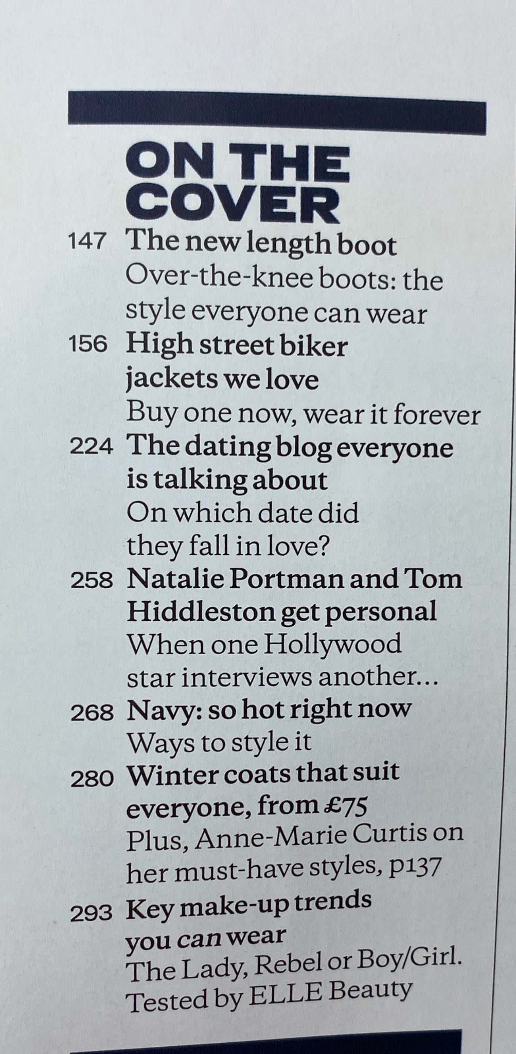 Back cover details of Elle UK Magazine November 2013, listing articles including features on winter coats, high street biker jackets, and interviews.