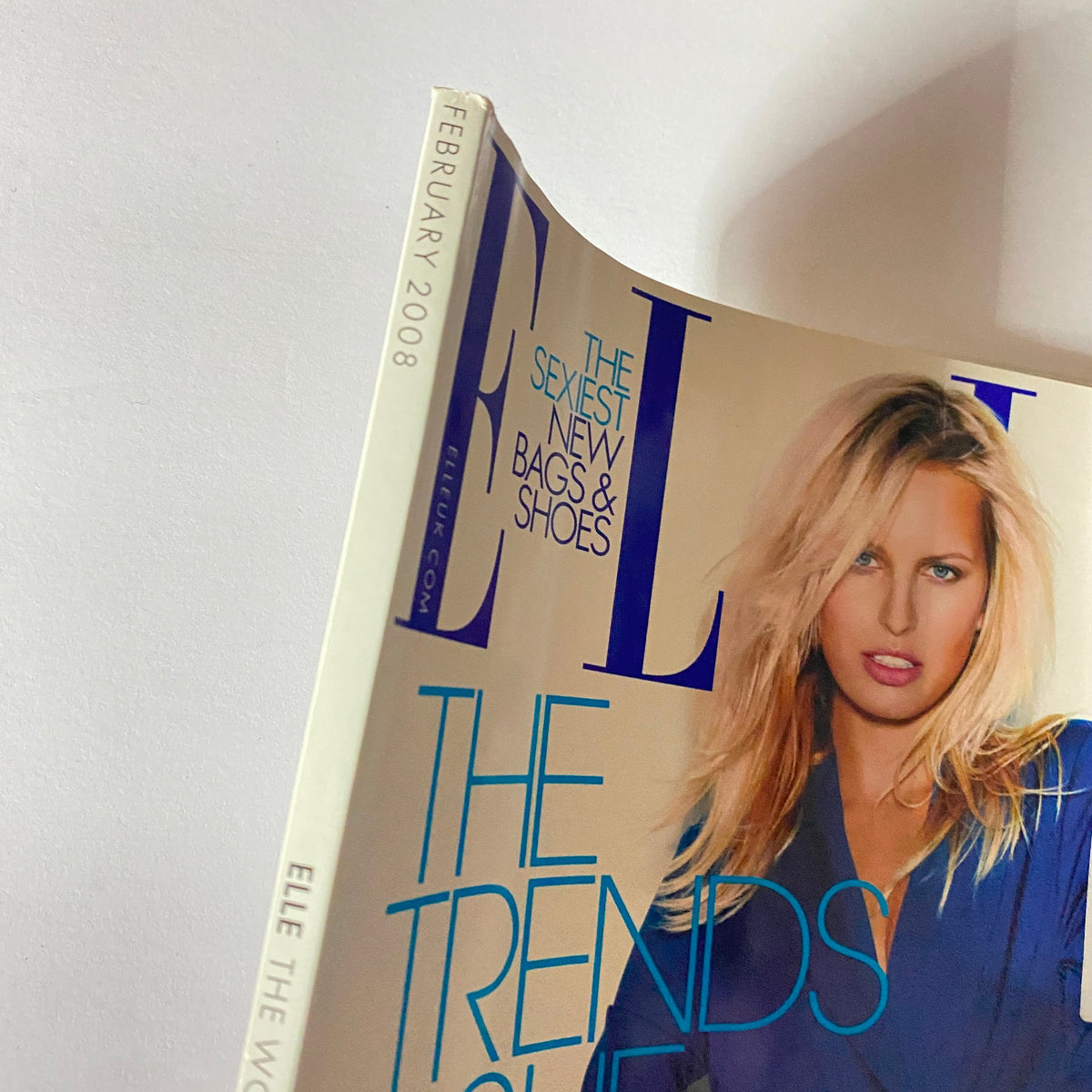 Elle UK Magazine February 2008 cover featuring Karolina Kurkova, highlighting trends in fashion accessories including bags and shoes.