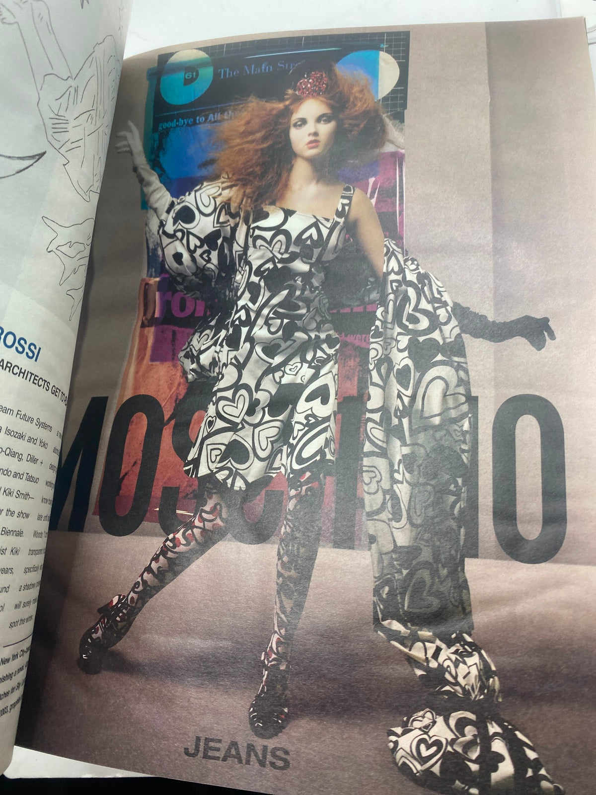 Fashion advertisement from Interview Magazine March 2004 featuring a model in a Moschino dress and striking accessories, showcasing trends of early 2000s fashion.