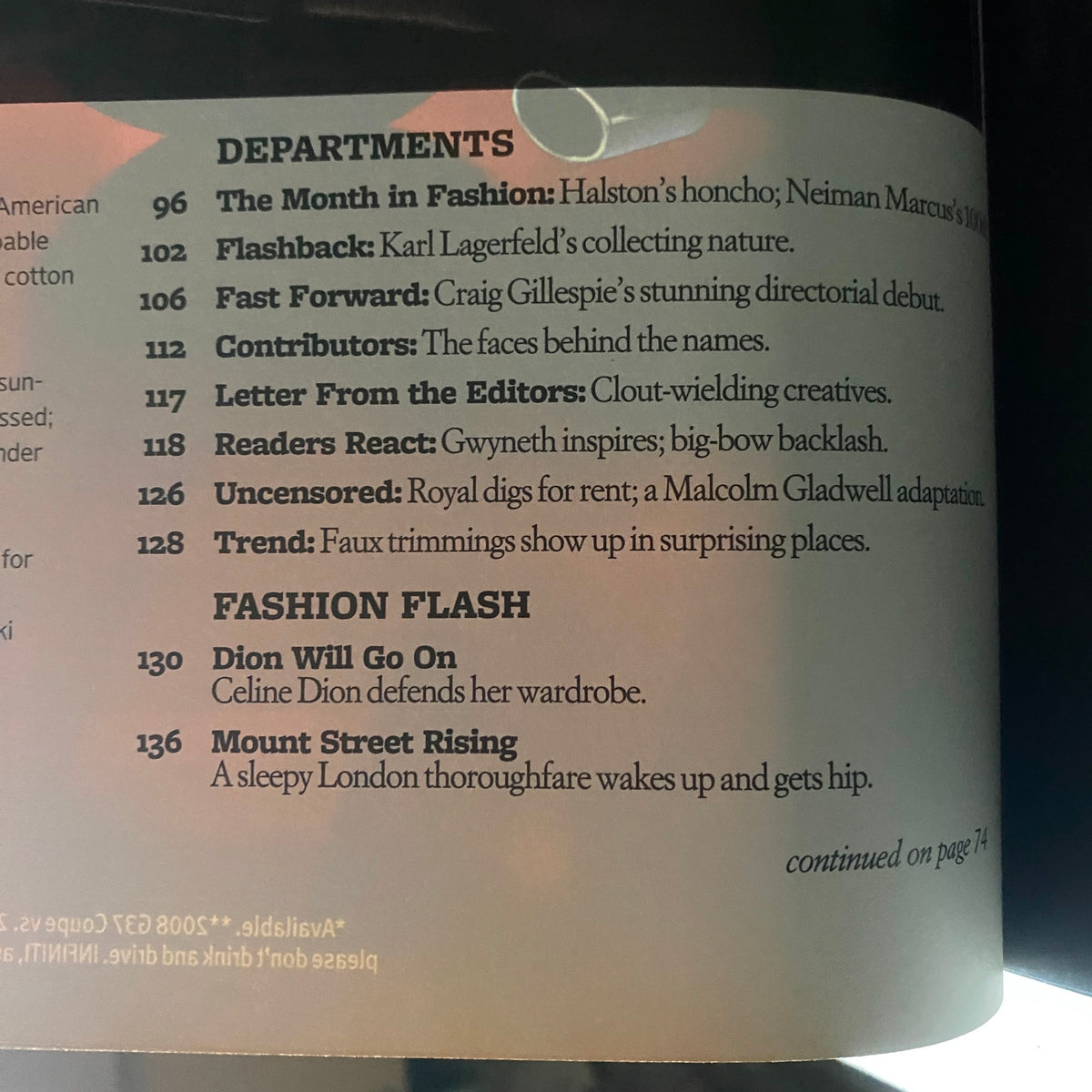 Contents page of W Magazine 2007, detailing the features including fashion highlights and exclusive interviews, celebrating the cultural landscape of 2007.