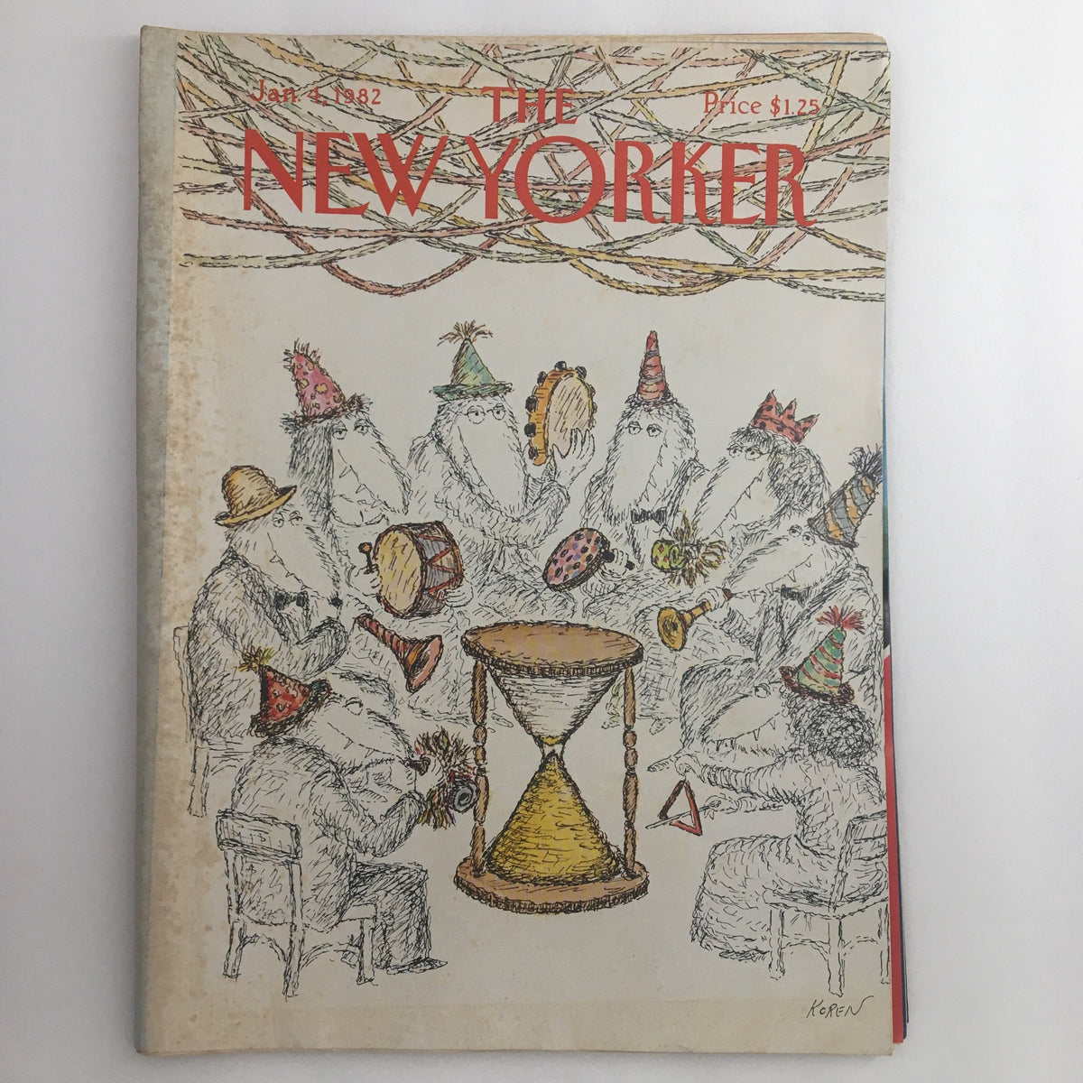The New Yorker Full Magazine January 4 1982 featuring the cover illustration 'Refugees' by Edward Koren, showcasing whimsical characters in party hats engaged in music.