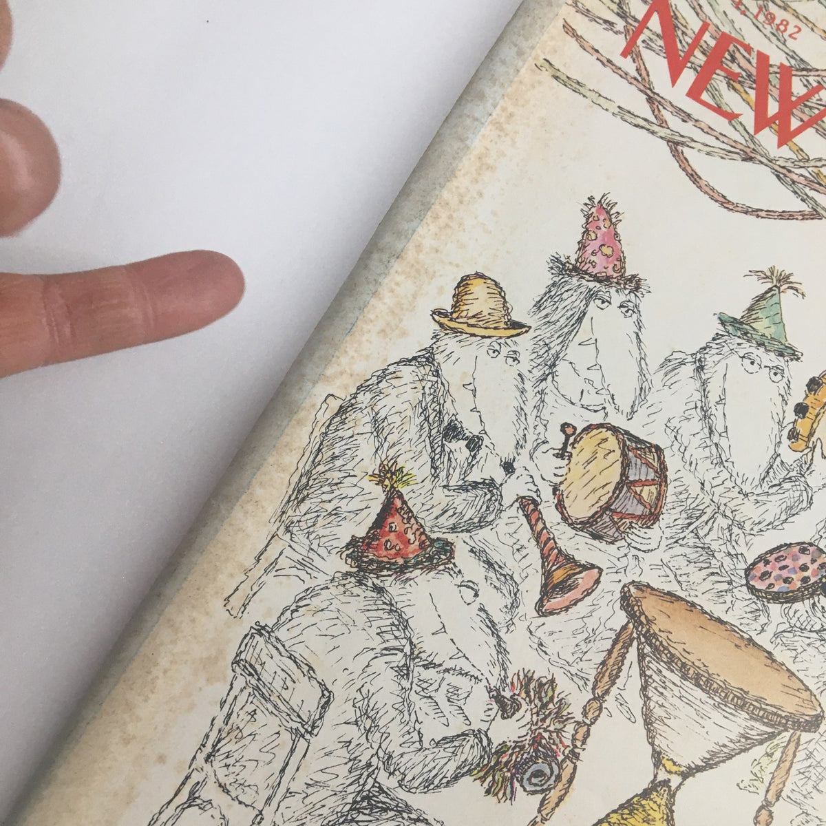 Close-up of The New Yorker Full Magazine January 4 1982 cover, highlighting the colorful details of the whimsical characters and musical instruments drawn by Edward Koren.
