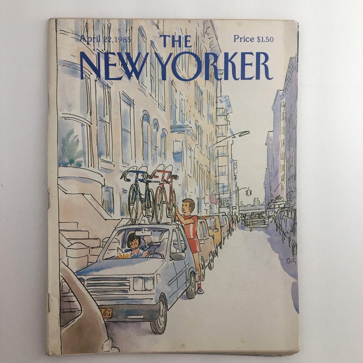 The New Yorker Full Magazine April 22 1985 featuring the cover illustration 'Busy Street' by Arthur Getz, showcasing a vibrant urban scene with cars and people in a lively street setting.