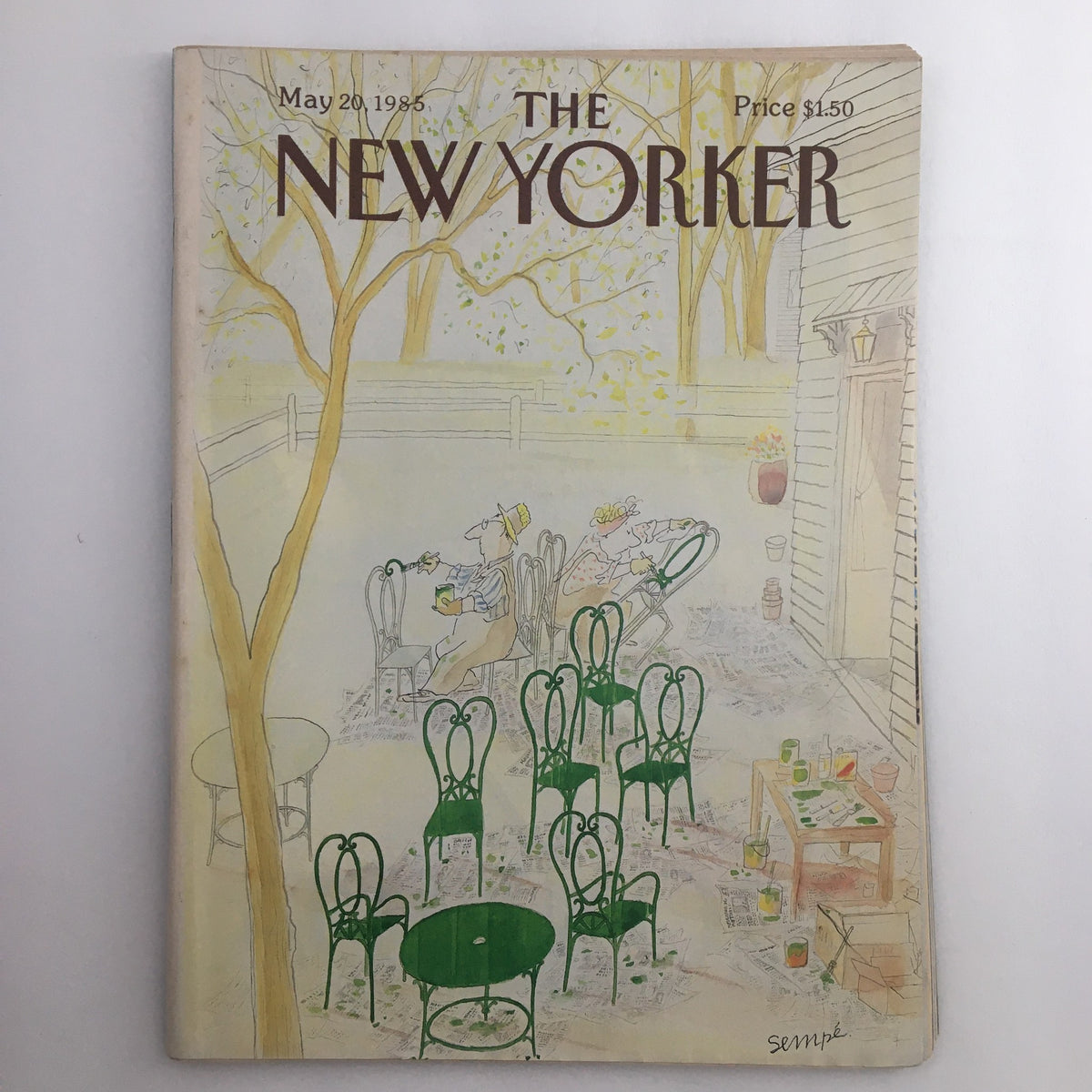 Cover of The New Yorker Full Magazine May 20 1985 featuring whimsical artwork by Jean-J Sempe depicting a serene outdoor scene with green chairs and characters enjoying leisure time.