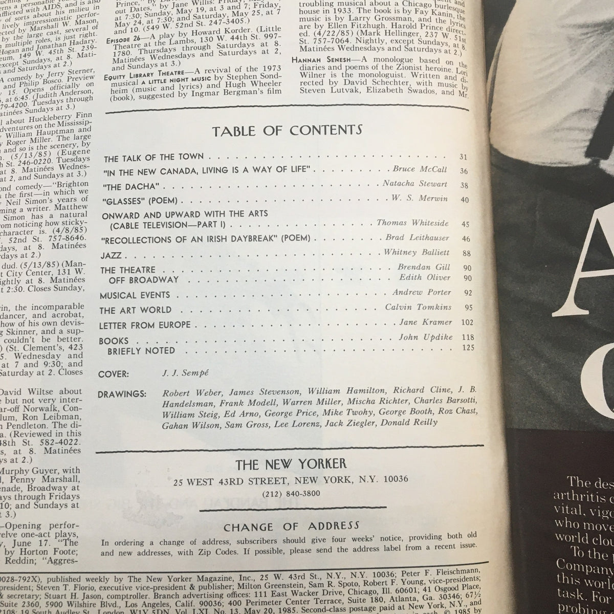 Table of Contents from The New Yorker Full Magazine May 20 1985 showcasing article titles and contributors, including notable writers and poets.