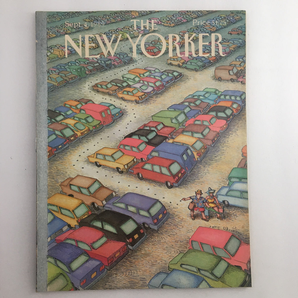 Cover of The New Yorker Full Magazine, September 4, 1989, featuring a colorful illustration titled 'Beach Parking' by John O'Brien, depicting a busy parking lot with vibrant cars and two characters leisurely interacting.