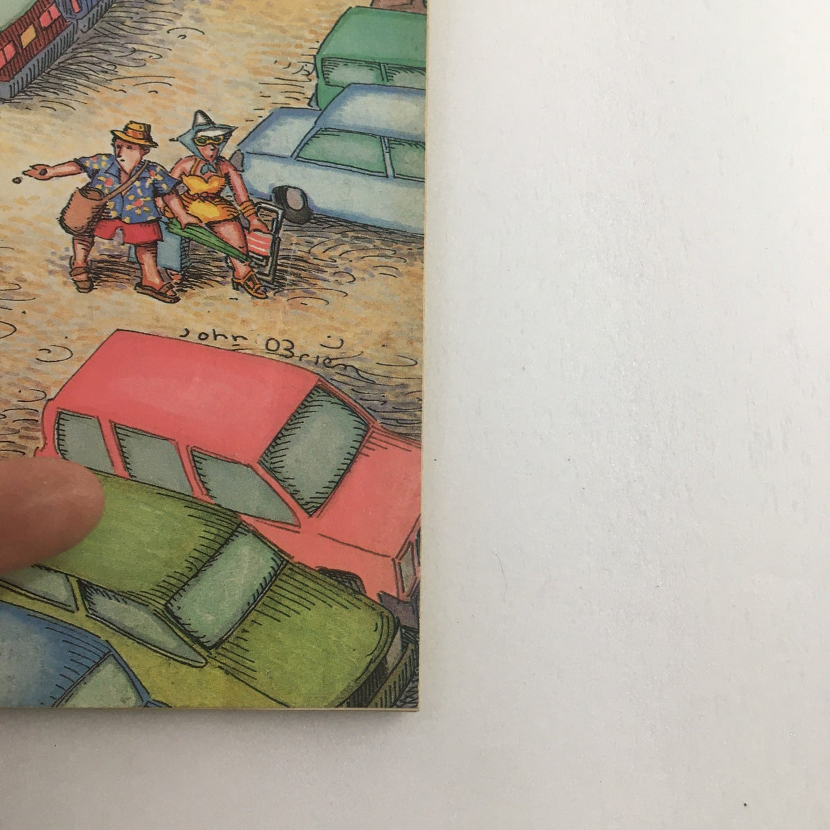 Detail of the cover of The New Yorker Full Magazine, September 4, 1989, showcasing a close-up of the illustration 'Beach Parking' by John O'Brien, highlighting two figures in summer attire amidst parked cars.