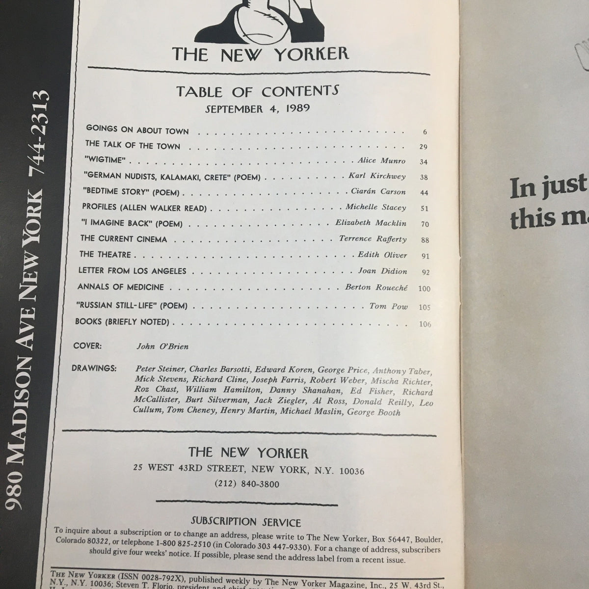 Table of Contents page from The New Yorker Full Magazine September 4, 1989 featuring listings of articles and poems, including a mention of John O'Brien's cover art and literary contributions.