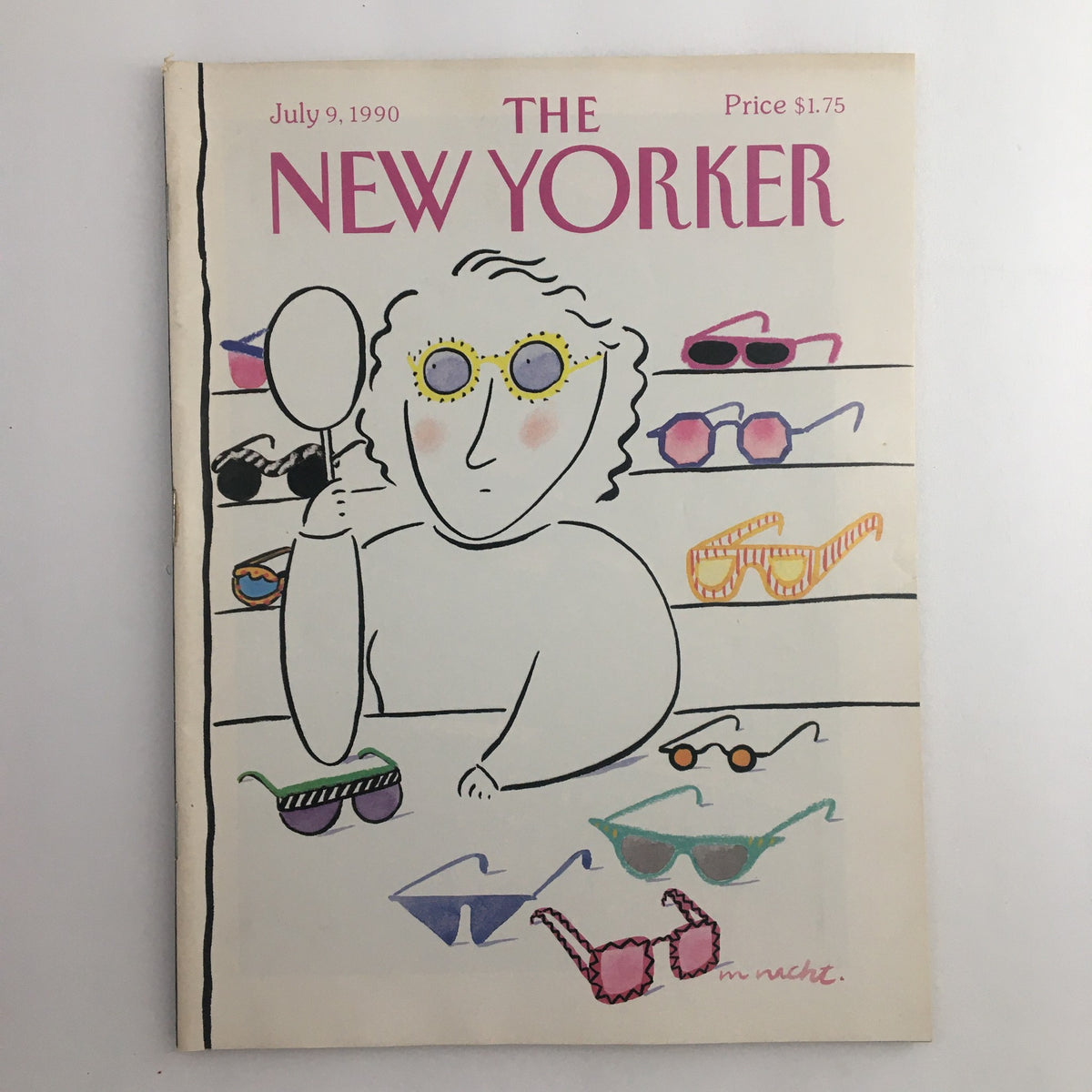 The New Yorker Full Magazine July 9 1990 cover featuring an illustration by Merle Nacht showcasing colorful sunglasses, capturing the playful style of the era.