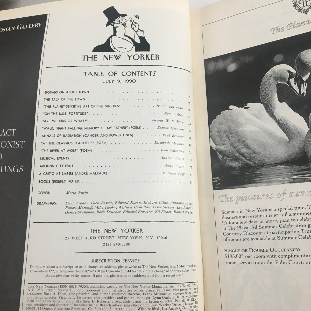 Table of contents from The New Yorker Full Magazine July 9 1990, listing features and articles including the drawing by Merle Nacht and various literary contributions.