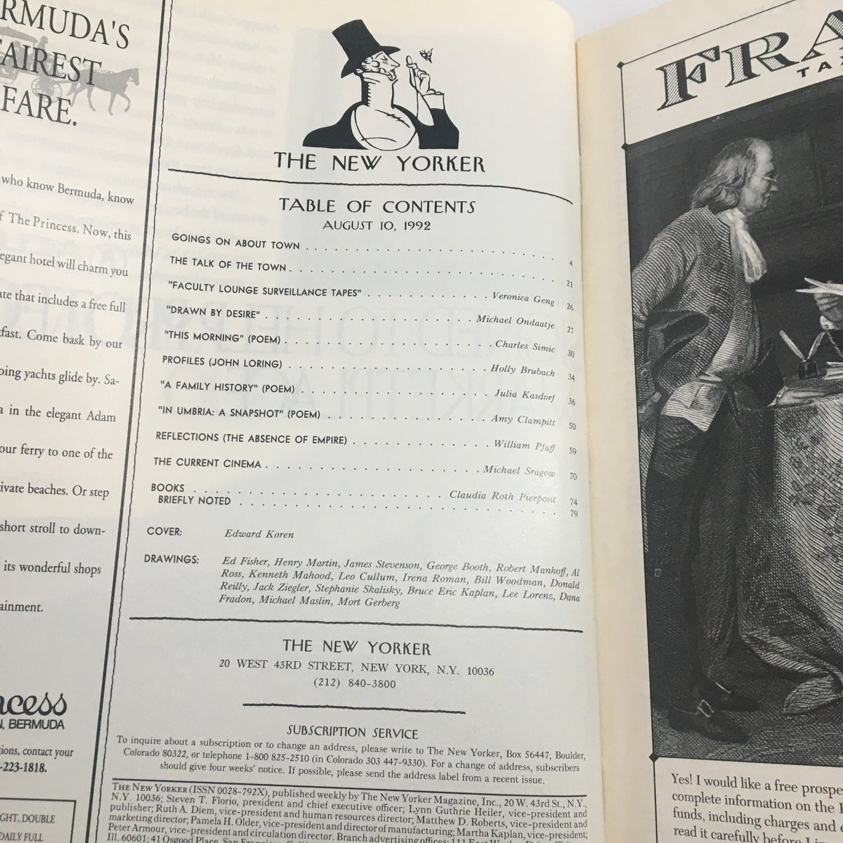 Inside page of The New Yorker magazine, August 10, 1992, displaying the table of contents with titles and contributors, along with the cover illustration by Edward Koren.