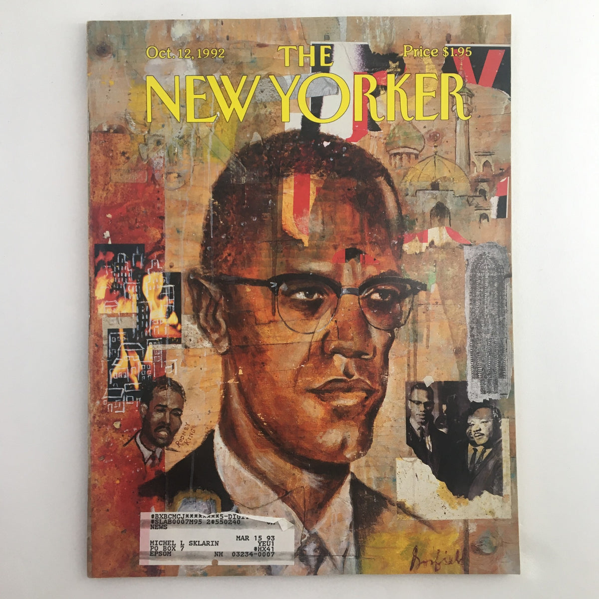 Cover of The New Yorker magazine dated October 12, 1992, featuring an illustration of Malcolm X by Josh Gosfield, with vibrant colors and artistic elements.