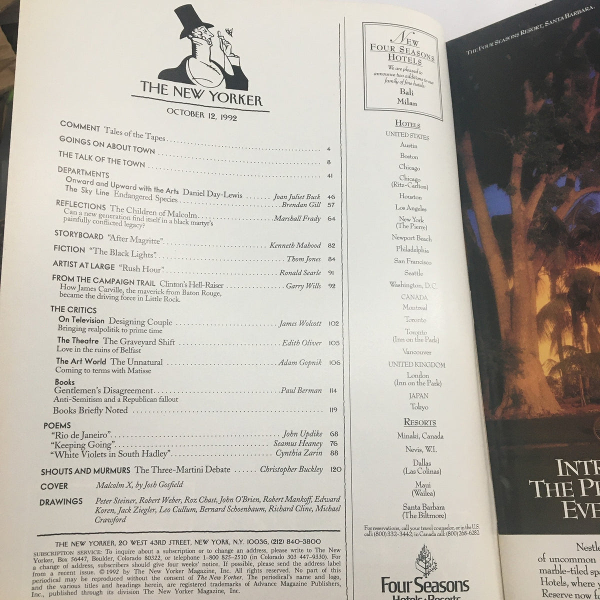 Table of contents page from The New Yorker magazine, October 12, 1992, listing articles including reflections on Malcolm X and various features of the magazine.
