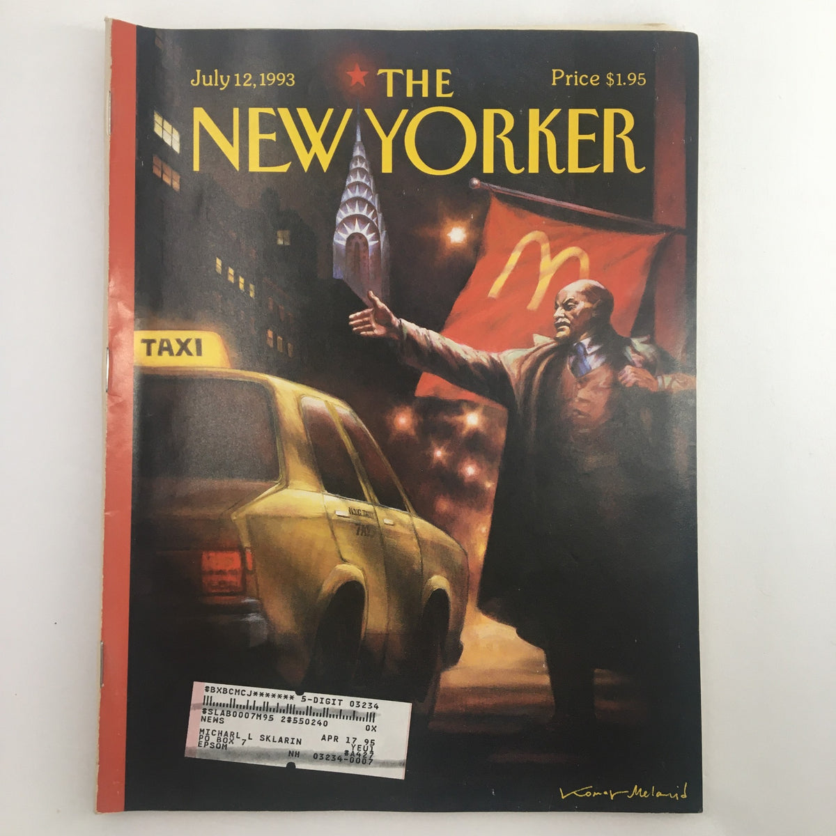 The New Yorker Full Magazine July 12 1993 cover featuring the artwork 'Lenin Hails A Cab' by Vitaly Komar, showcasing a historic scene with a taxi and a character resembling Lenin in an urban setting.