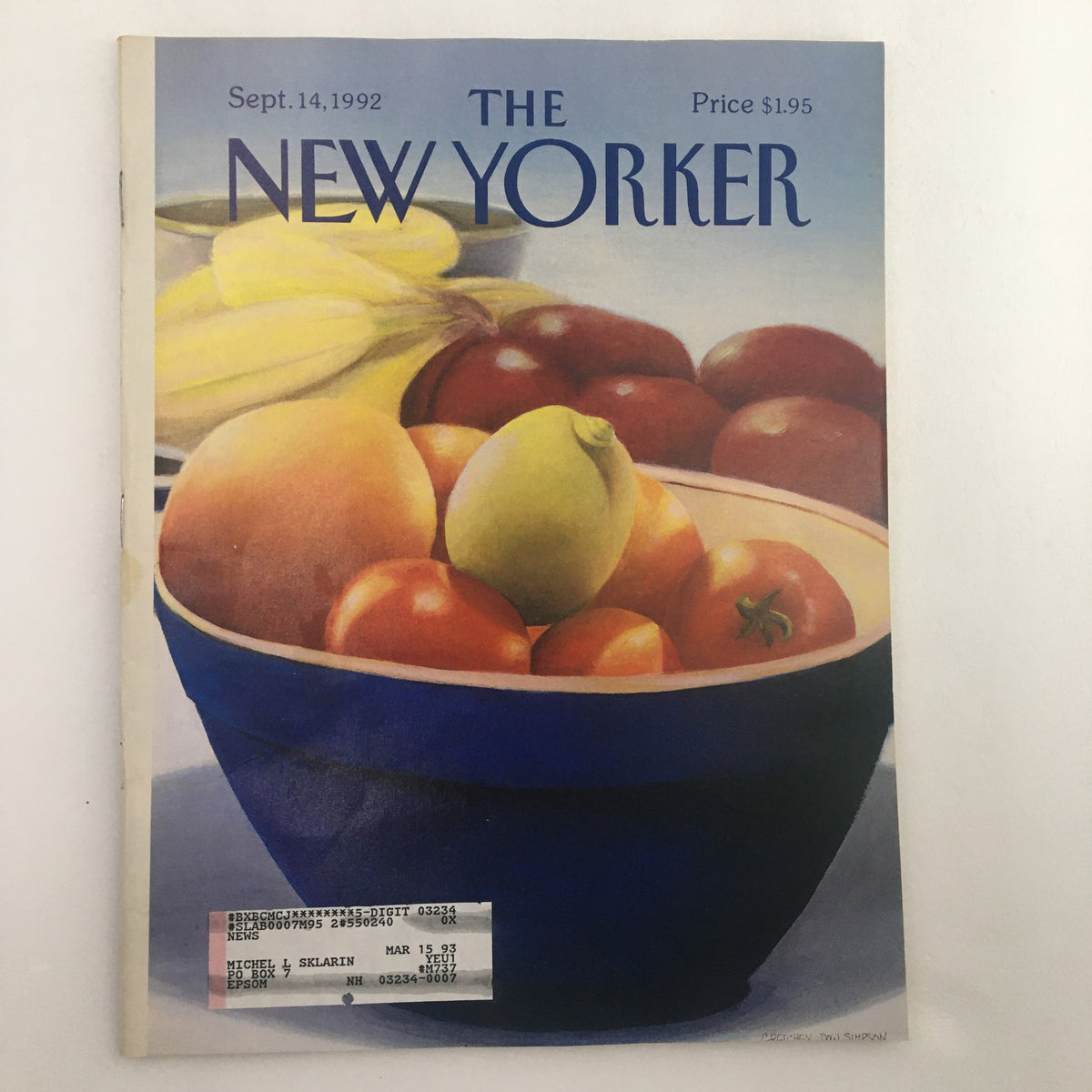 Cover of The New Yorker Magazine, September 14, 1992, featuring a vibrant illustration titled 'Bowl of Fruits' by Gretchen Dow Simpson, showcasing a blue bowl filled with various fruits.