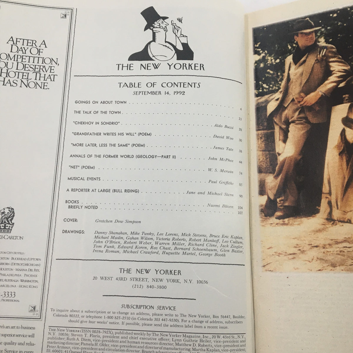 Table of contents page from The New Yorker Magazine, September 14, 1992, listing articles and features, with the cover artist noted as Gretchen Dow Simpson.