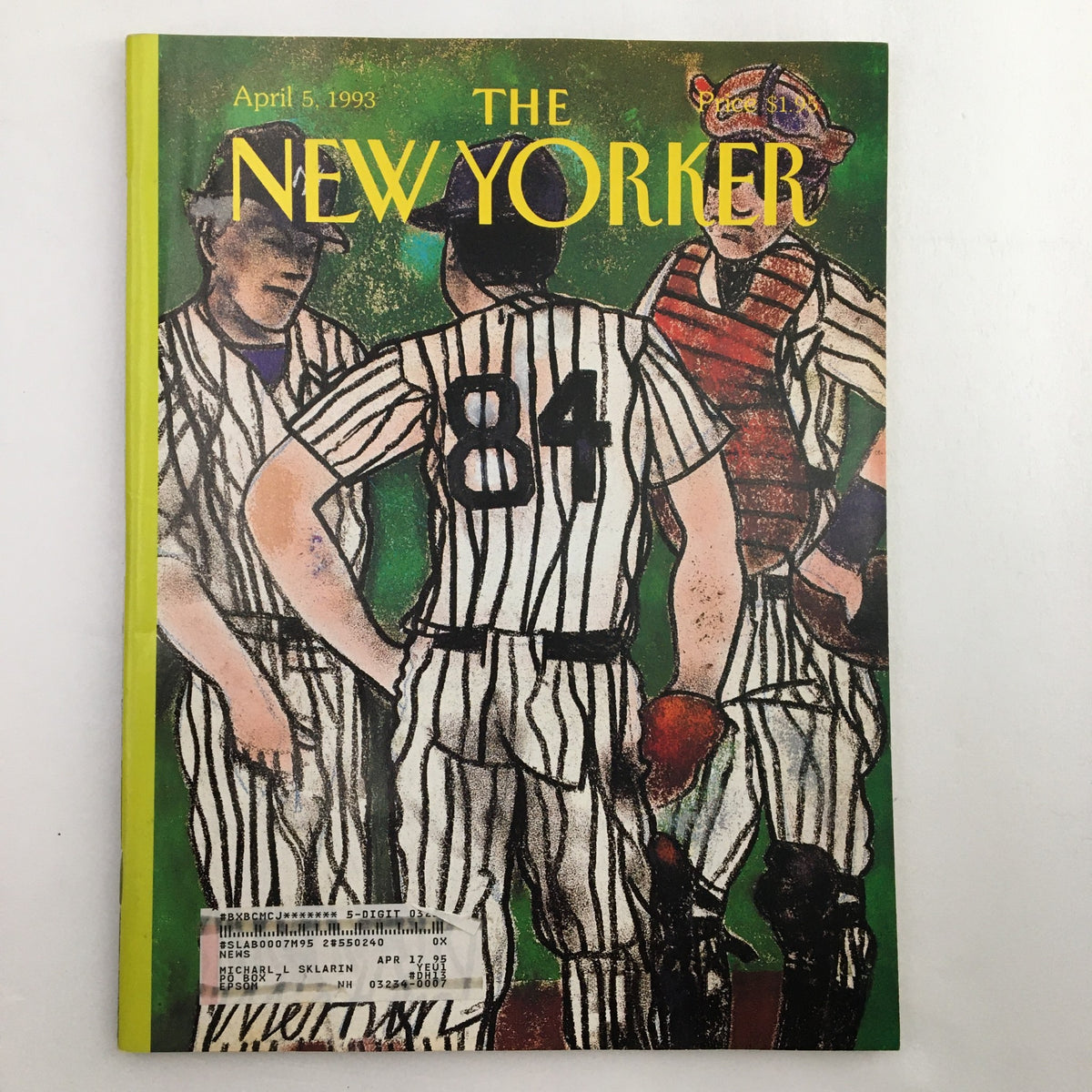 The New Yorker Magazine cover for April 5, 1993, featuring an artistic illustration of baseball players, highlighting the article 'The Changing of the Guard' by Richard Merkin.