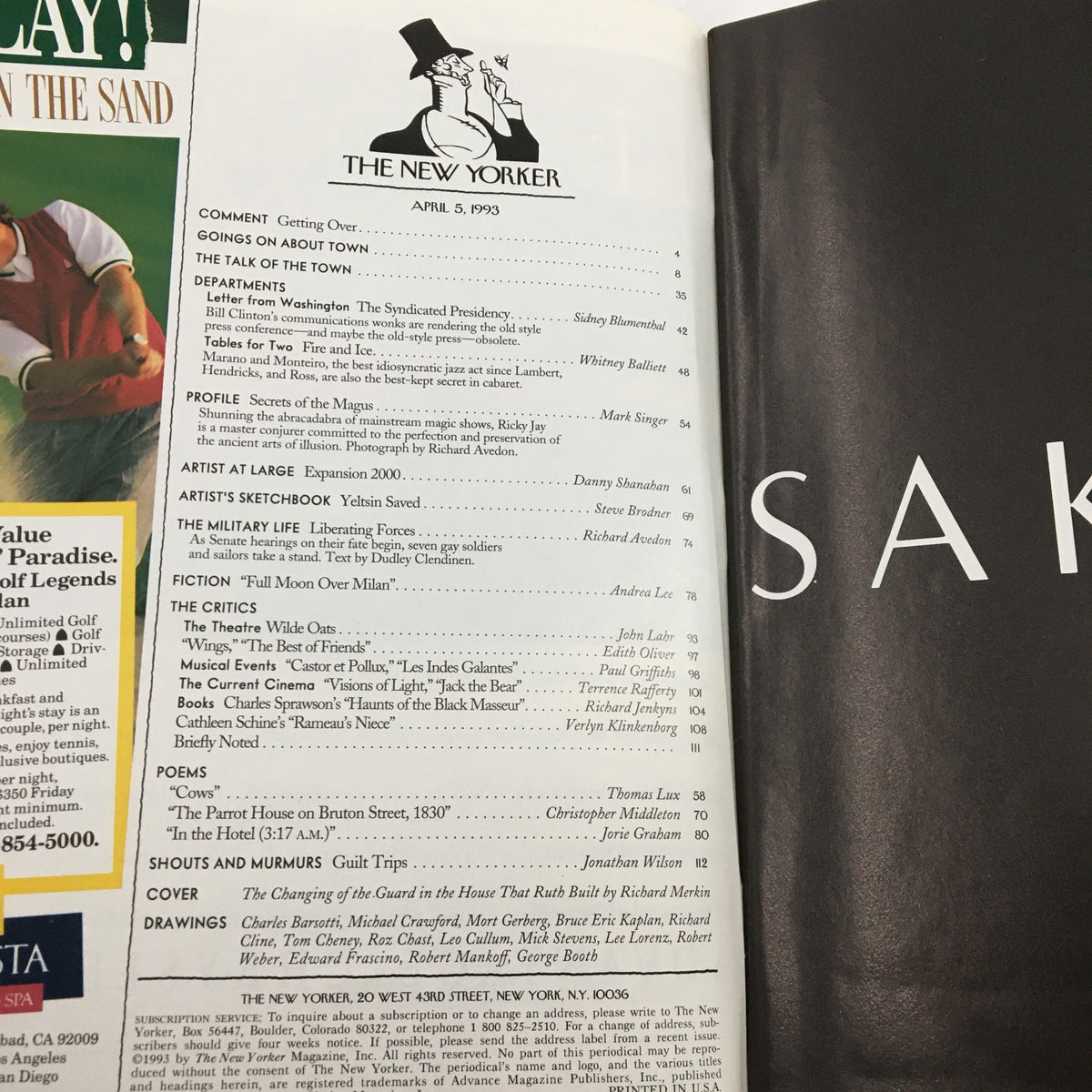 Interior page of The New Yorker Magazine from April 5, 1993, showcasing the table of contents including the featured article 'The Changing of the Guard' by Richard Merkin.