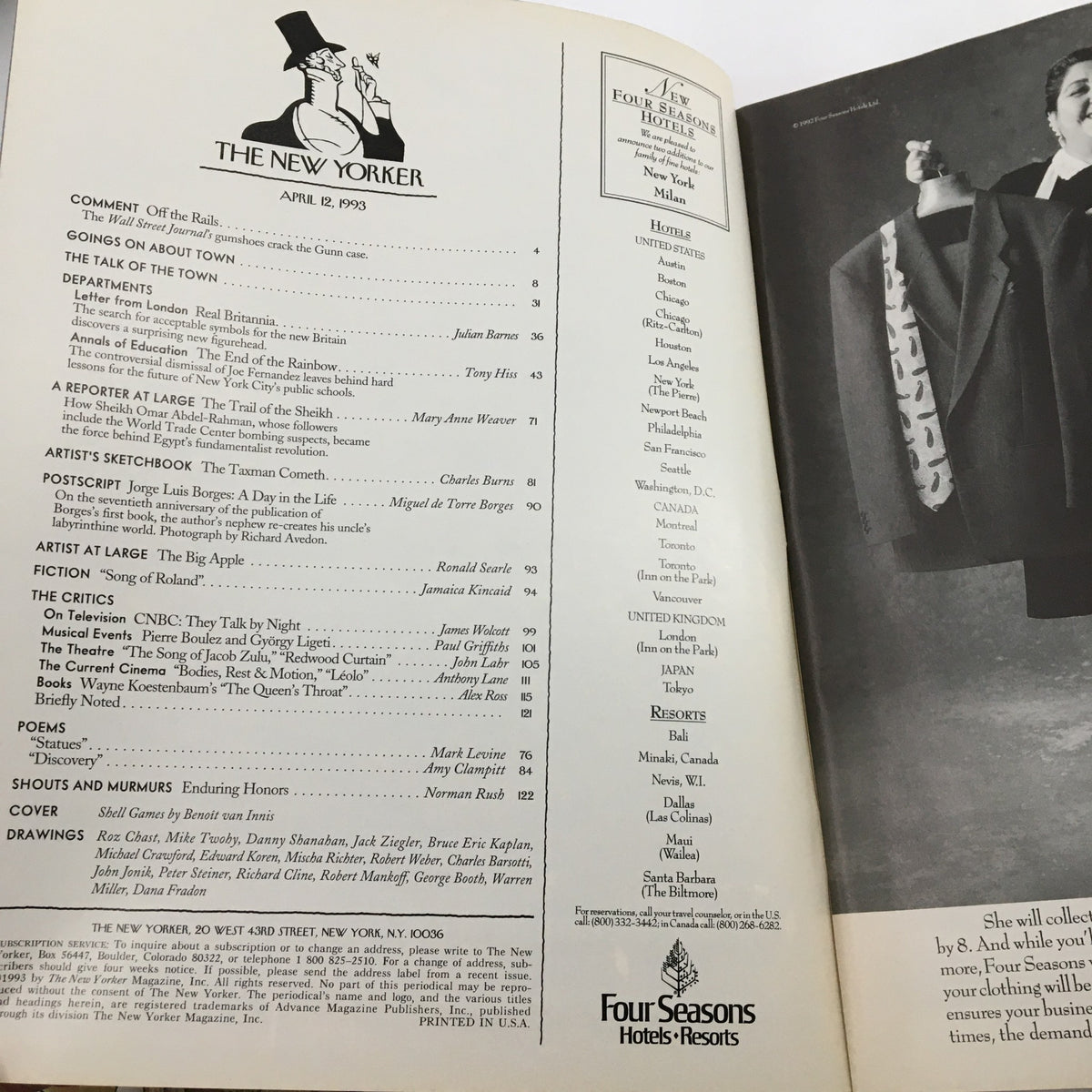 Interior page of the April 12, 1993 edition of The New Yorker magazine displaying the table of contents and feature articles including 'Shell Games' by Benoit van Innis.