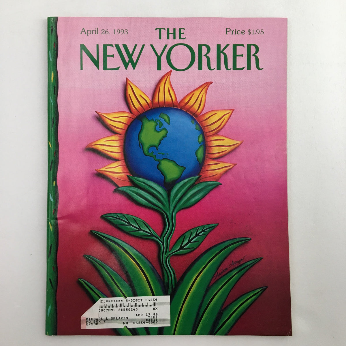 Cover of The New Yorker full magazine dated April 26, 1993 featuring Earth Day cover art by Andrea Arroyo, depicting a sunflower with a globe at its center against a pink background.