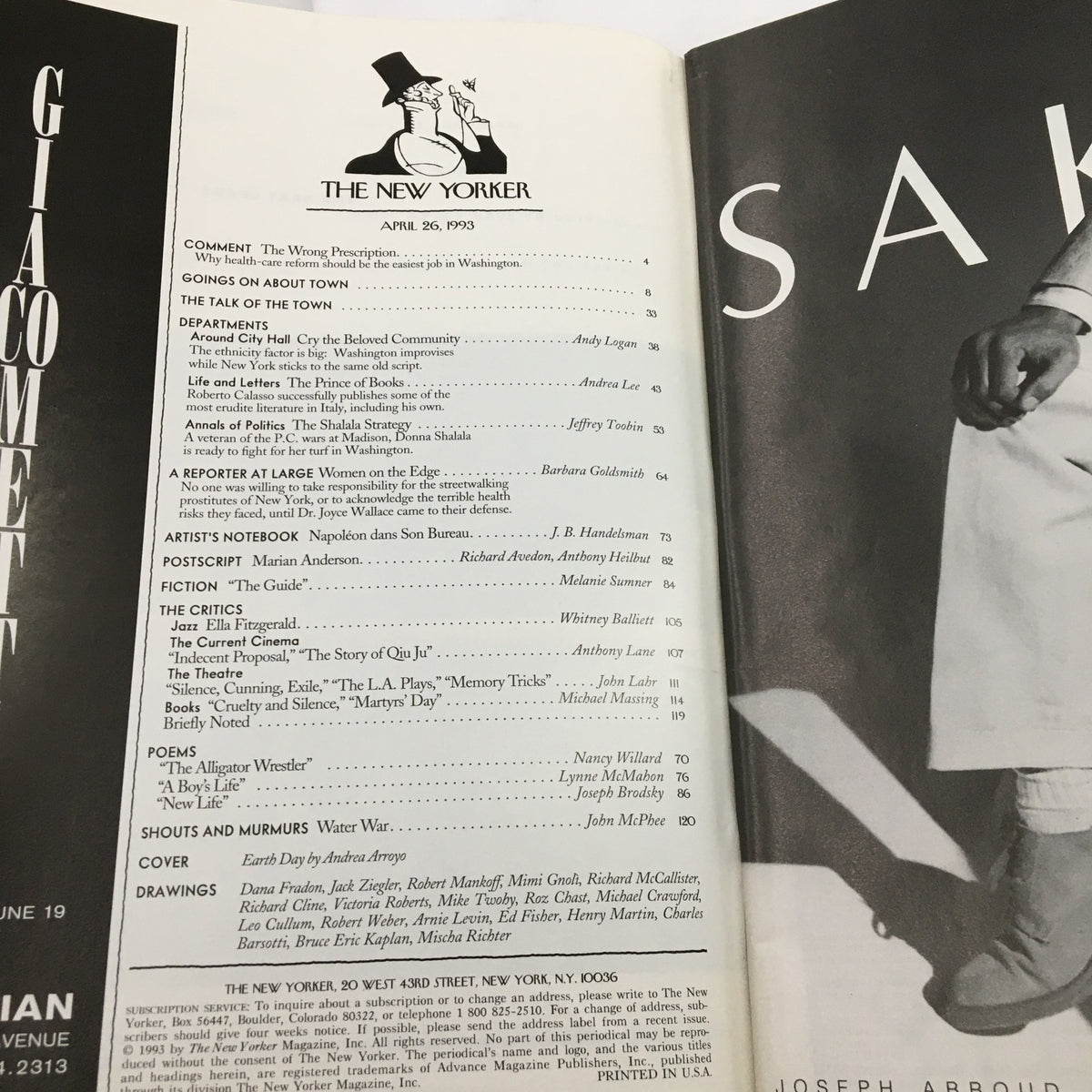 Content page of The New Yorker full magazine from April 26, 1993, listing articles, features, and illustrations, including the cover story Earth Day by Andrea Arroyo.