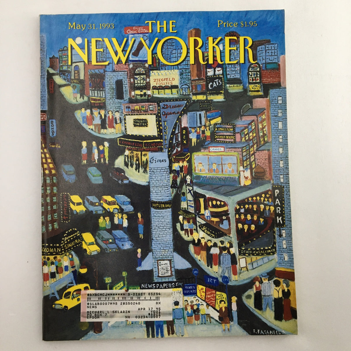 Cover of The New Yorker magazine, May 31, 1993, featuring vibrant artwork titled 'A Chorus Line' by R. Fasanella, showcasing a busy city scene with people and colorful advertisements.