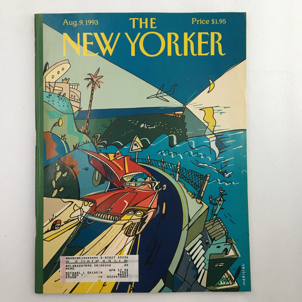 The New Yorker Full Magazine August 9 1993 cover featuring a vibrant illustration by Mariscal, depicting a scenic coastal drive with a classic car, capturing the essence of summer and adventure.