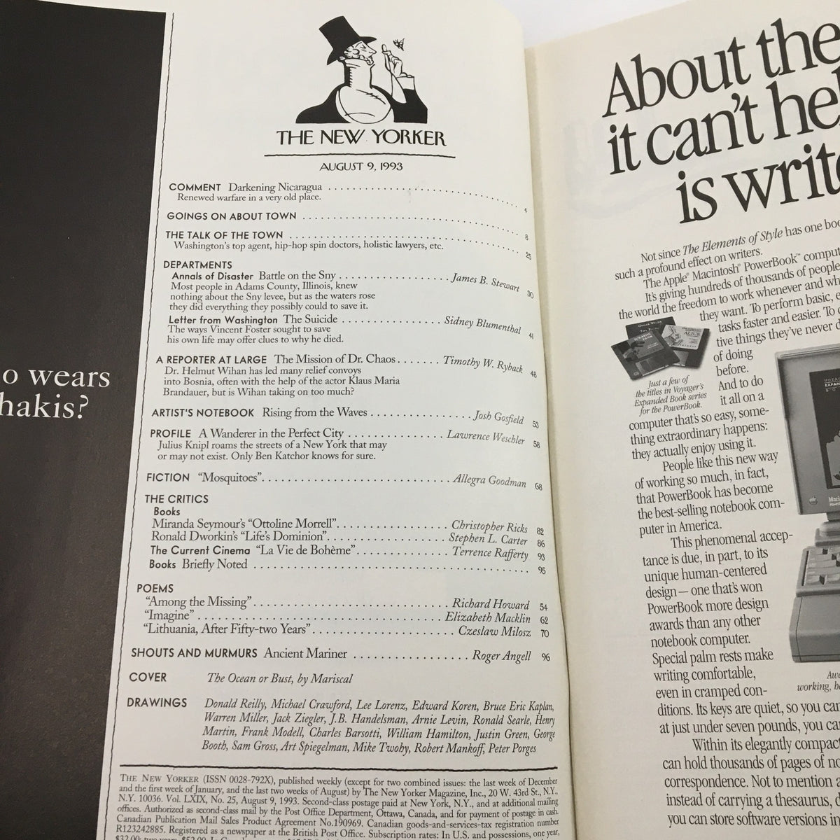 Contents page of The New Yorker magazine, August 9, 1993, featuring the title 'The Ocean or Bust' by Mariscal, along with various articles and sections listed, highlighting the magazine's commitment to literary excellence and journalism.