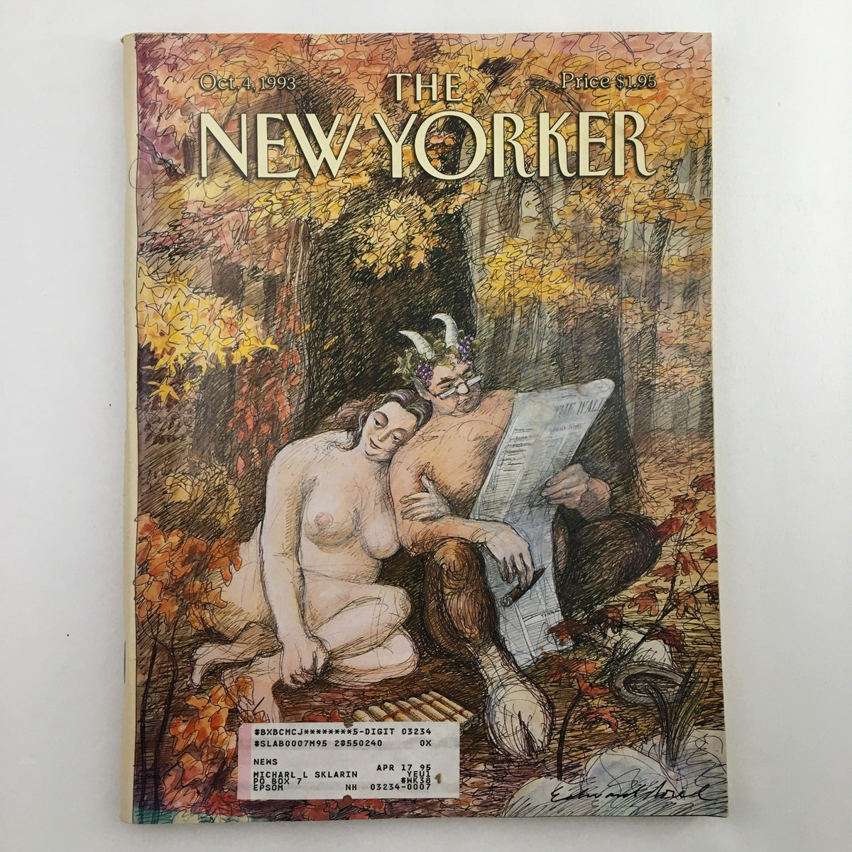 Cover of The New Yorker magazine October 4, 1993 titled 'Remembrance of Flings' by Edward Sorel, featuring a whimsical illustration of a couple in a forest setting.