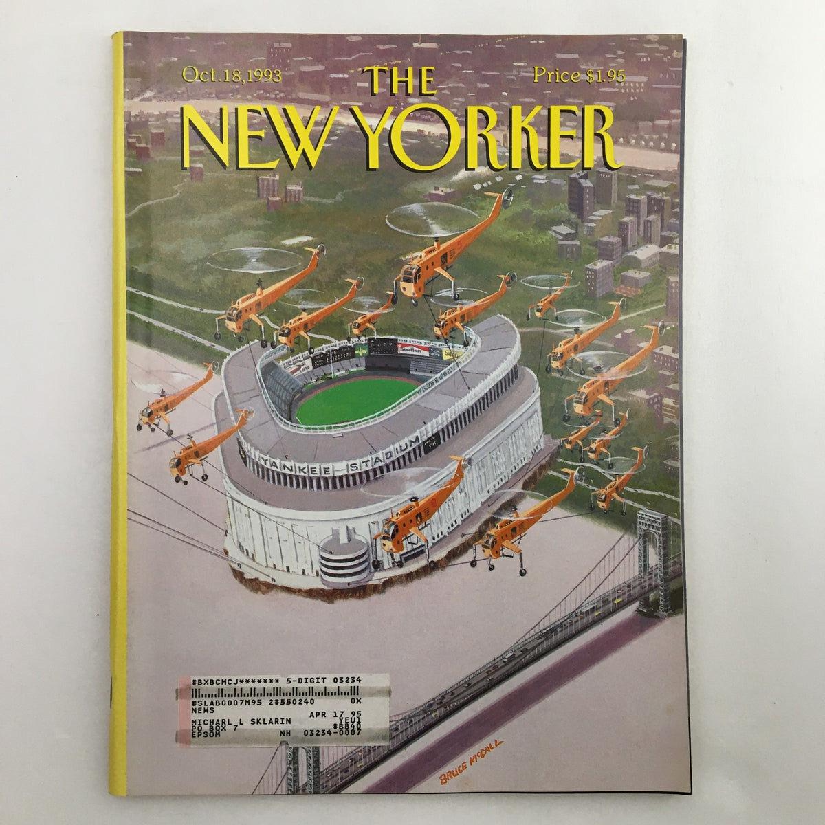 Cover of The New Yorker magazine from October 18, 1993, featuring the artwork 'Bronx Cheer' by Bruce McCall, depicting Yankee Stadium with helicopters in the background.