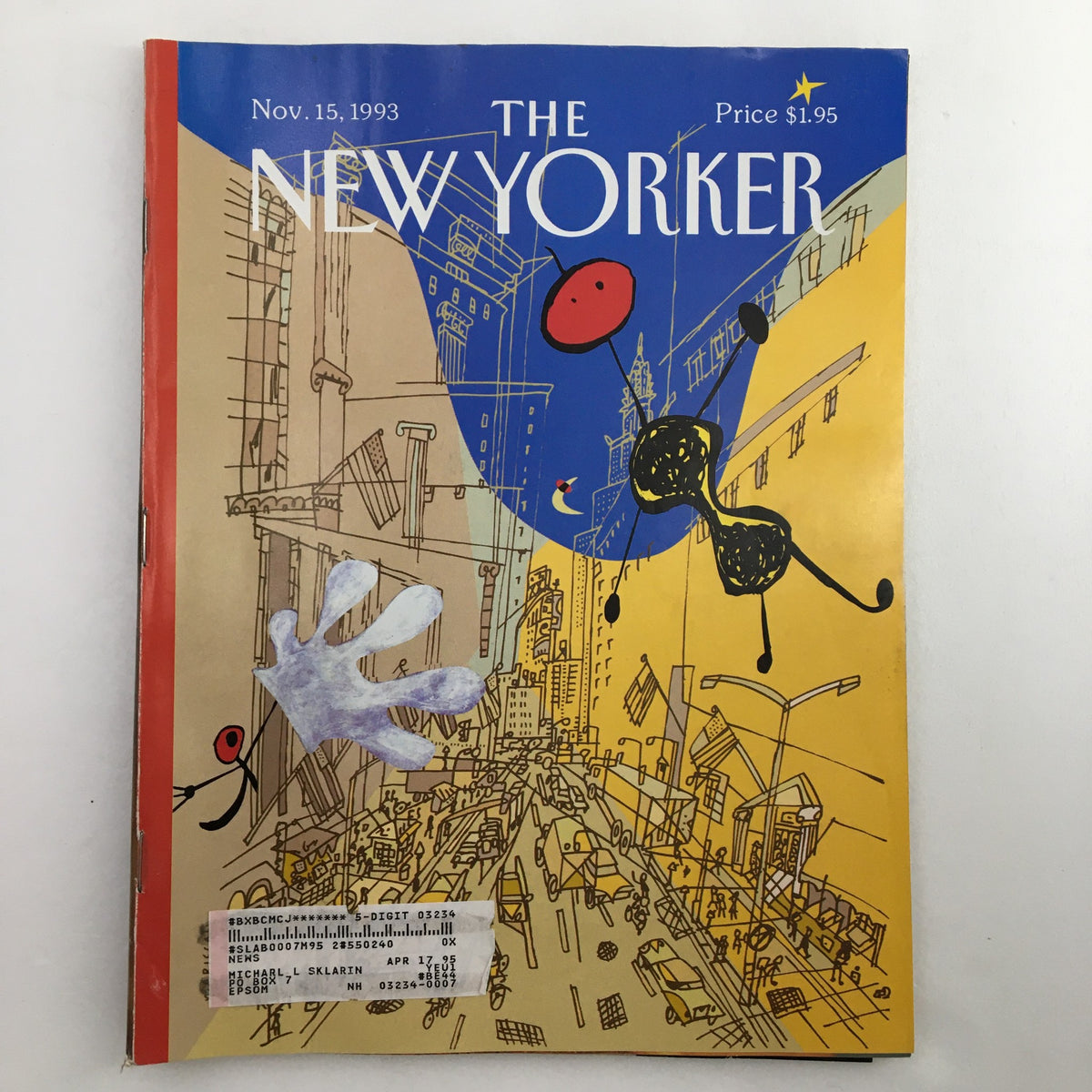 Cover of The New Yorker magazine, November 15, 1993, featuring the artwork 'Miro in the City' by Mariscal, showcasing a vibrant illustration with quirky characters and urban scenes.