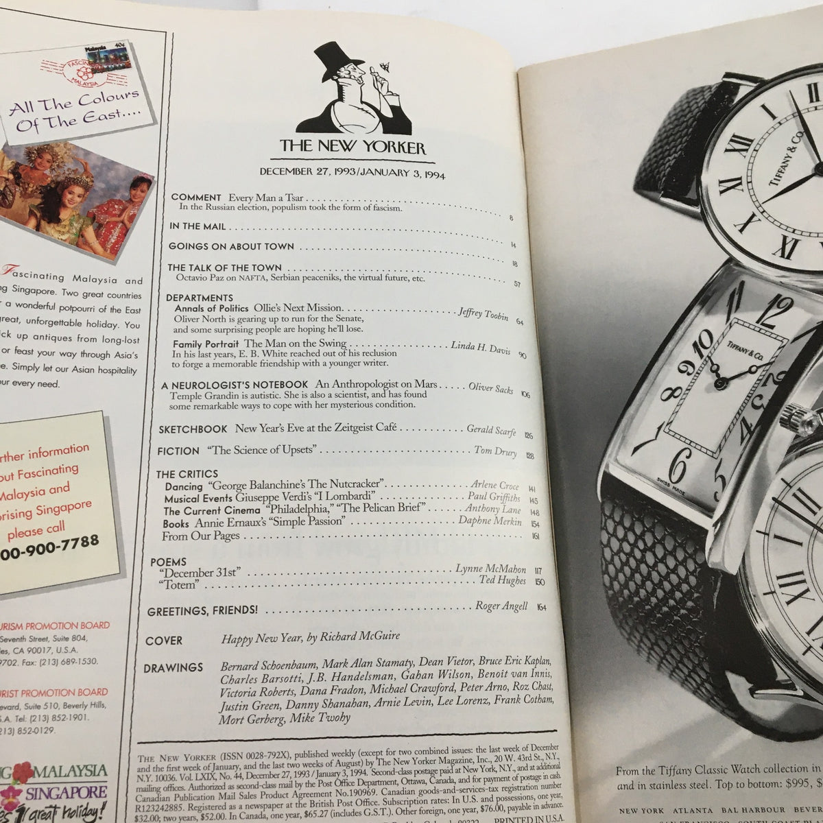 Interior page of The New Yorker Full Magazine December 27 1993 displaying the table of contents, featuring segments like 'Greetings, Friends!' and articles alongside the 'Happy New Year' cover by Richard McGuire.