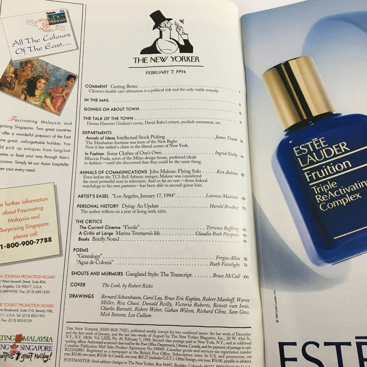 Interior page of The New Yorker magazine, February 7, 1994, displaying the table of contents alongside a blue Estee Lauder product advertisement.