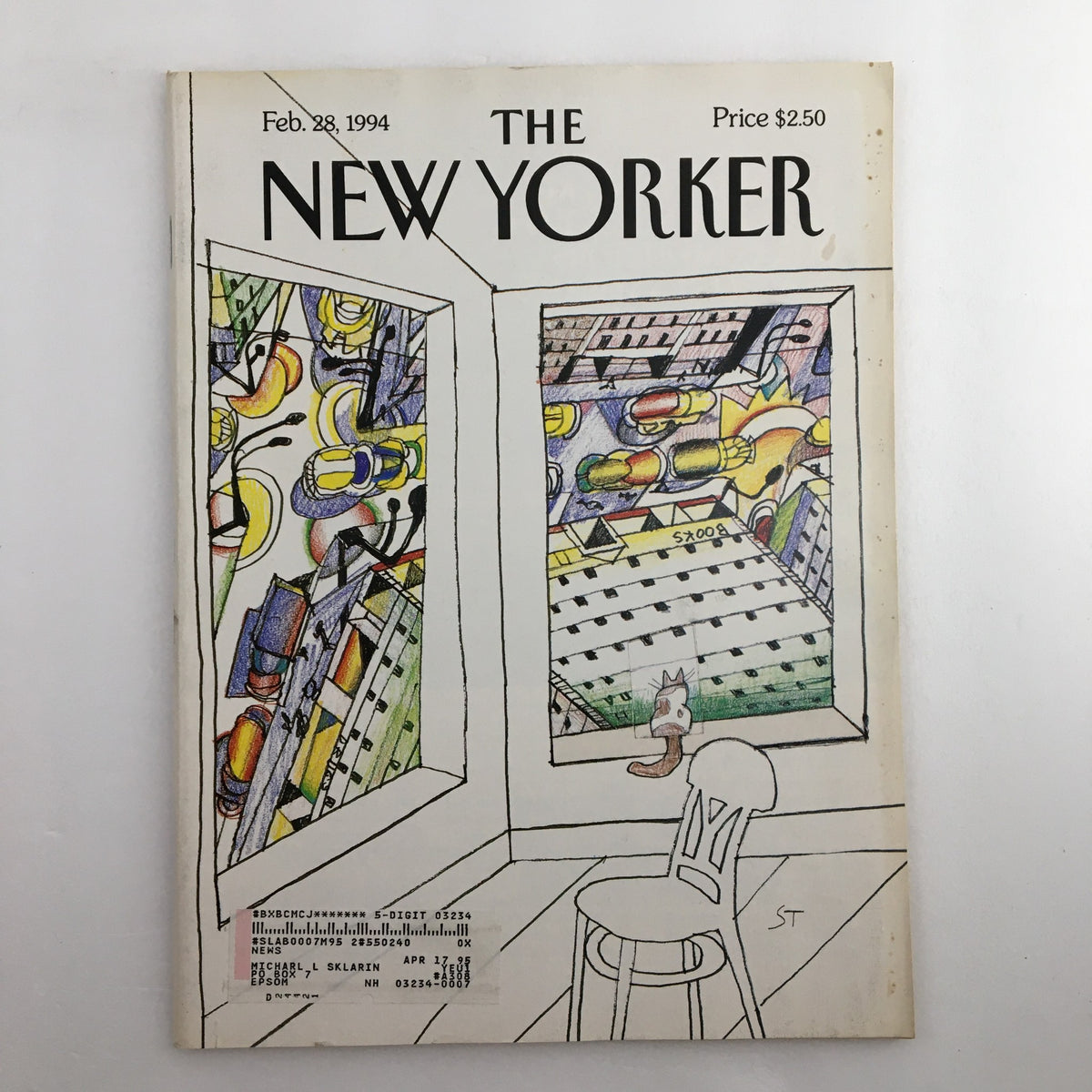 The New Yorker Full Magazine February 28 1994 featuring the cover art 'Looking Down' by Saul Steinberg, showcasing a colorful and whimsical view through an open window.