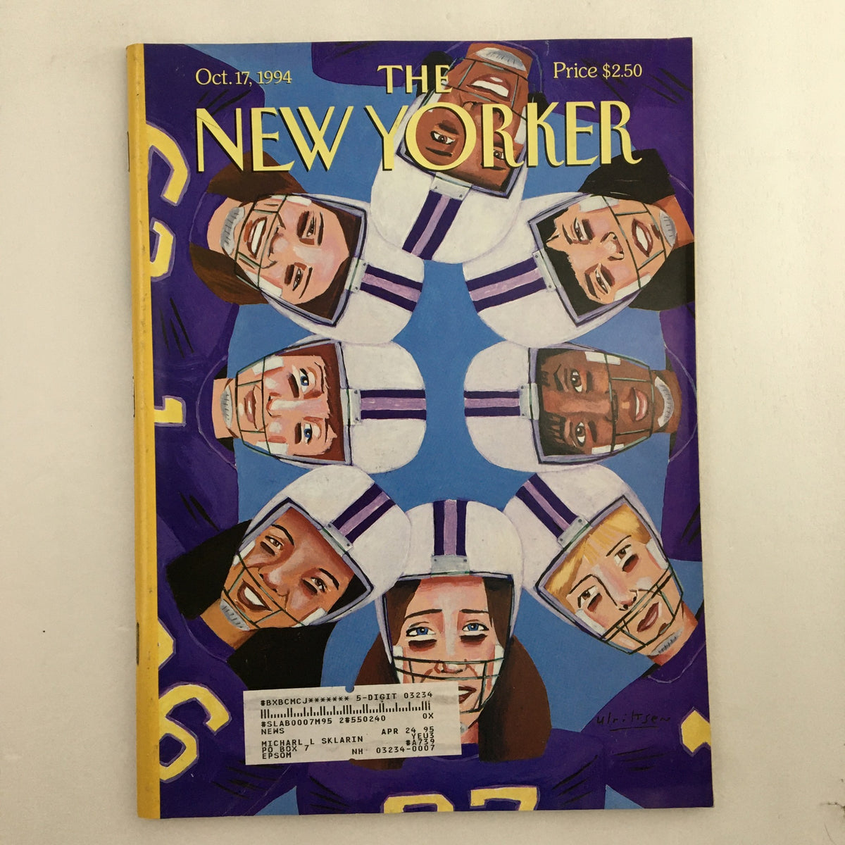 The New Yorker Full Magazine October 17 1994 features the captivating cover art titled Huddle by Mark Ulriksen, showcasing a colorful illustration of football players' faces.