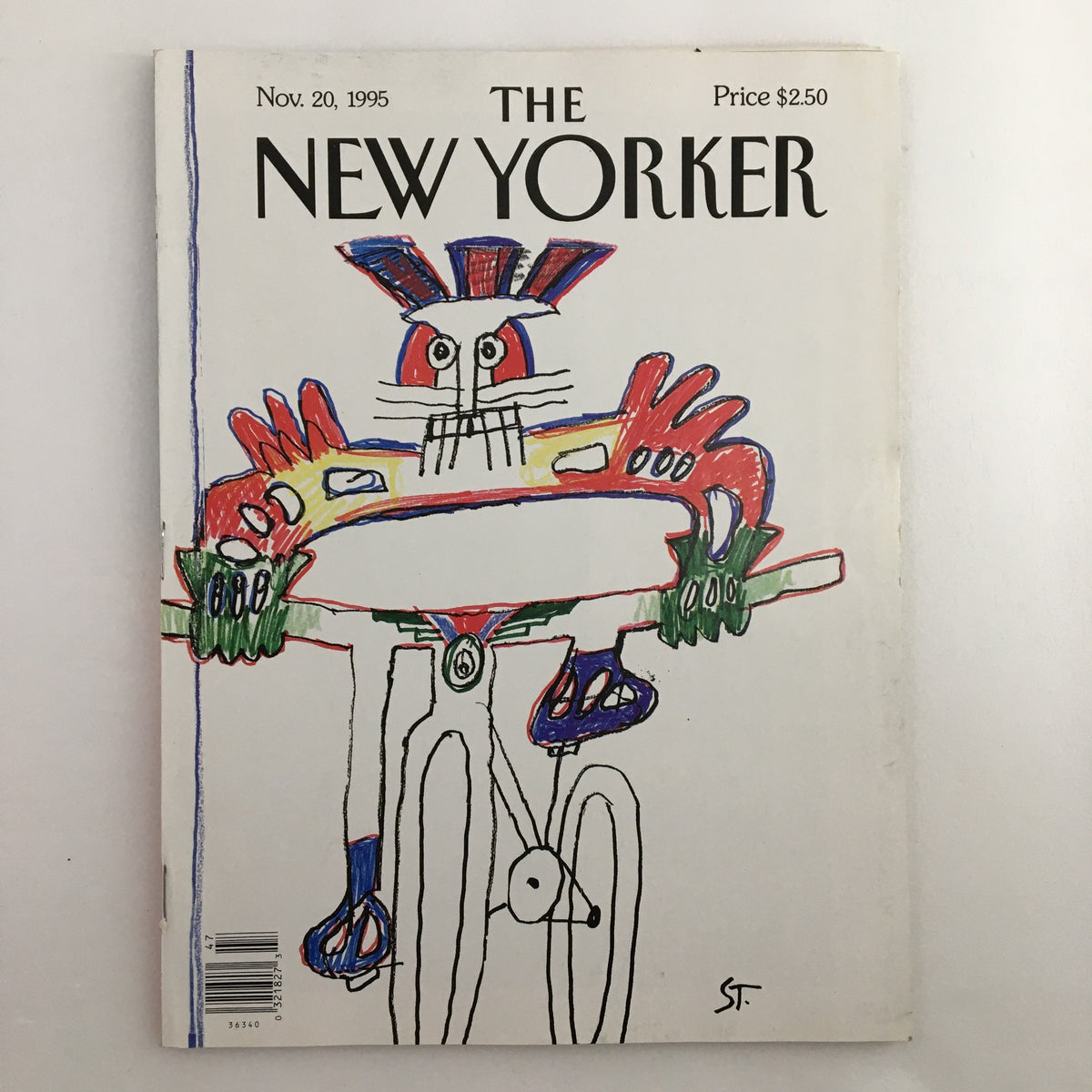 Cover of The New Yorker magazine, November 20, 1995, featuring a colorful illustration of a bicyclist by Saul Steinberg. Price $2.50.