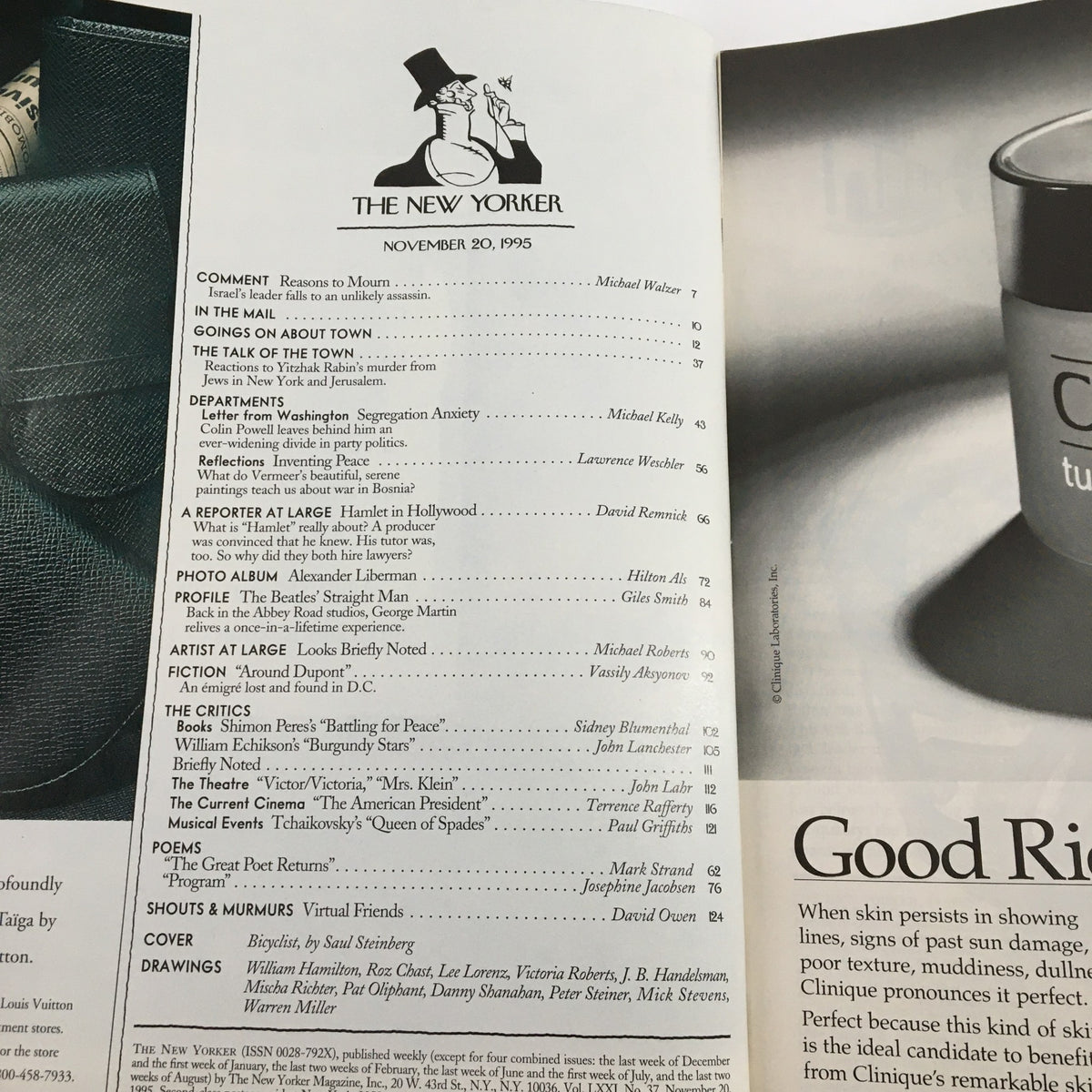 Table of contents page from The New Yorker magazine, November 20, 1995, listing articles and contributors, including the cover art by Saul Steinberg.