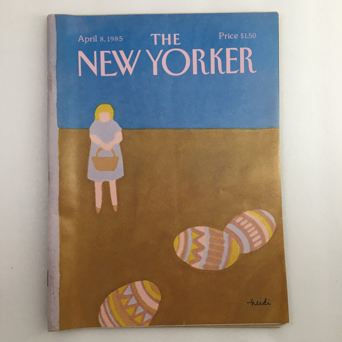 Cover of The New Yorker Full Magazine April 8, 1985 featuring Easter Eggs illustration by Heidi Goennel and a young girl holding a basket.
