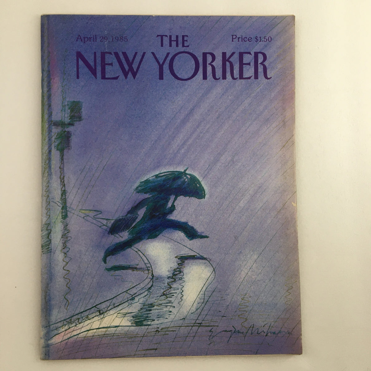 Cover of The New Yorker magazine, April 29, 1985, featuring the artwork 'Raining' by Eugene Mihaesco, showcasing a silhouette of a person running with an umbrella against a purple backdrop.