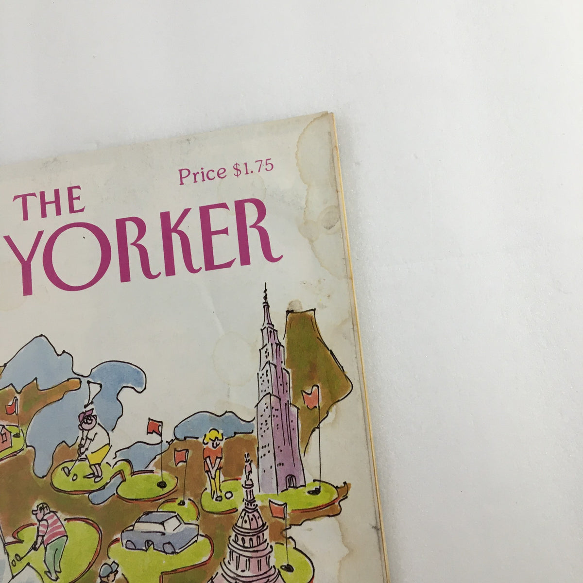 Detail of The New Yorker Full Magazine August 28 1989 cover showing the title and price, alongside part of the vibrant golfing illustration.