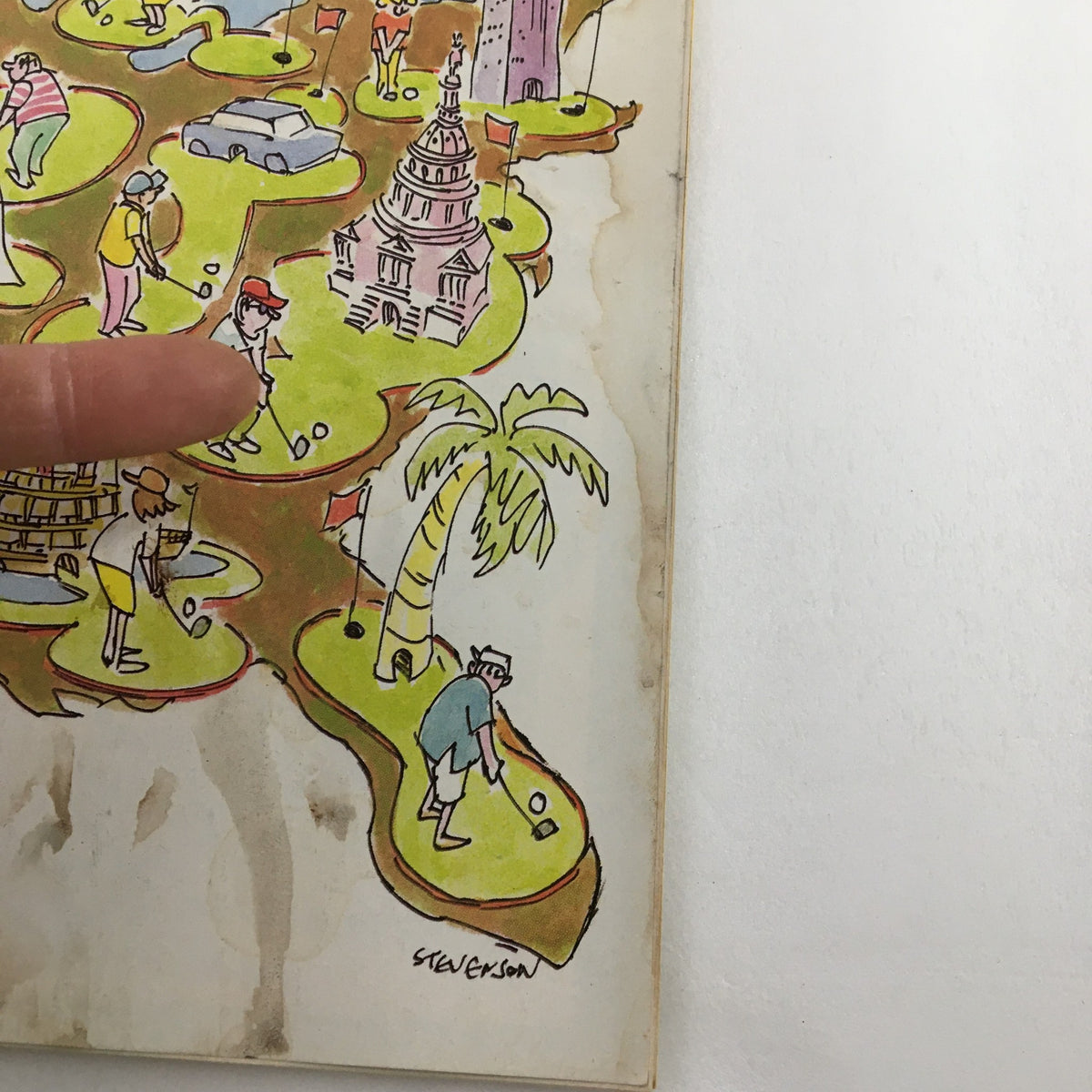 Close-up view of The New Yorker Full Magazine August 28 1989 cover art, highlighting the playful golfing characters and landmarks depicted in the illustration.